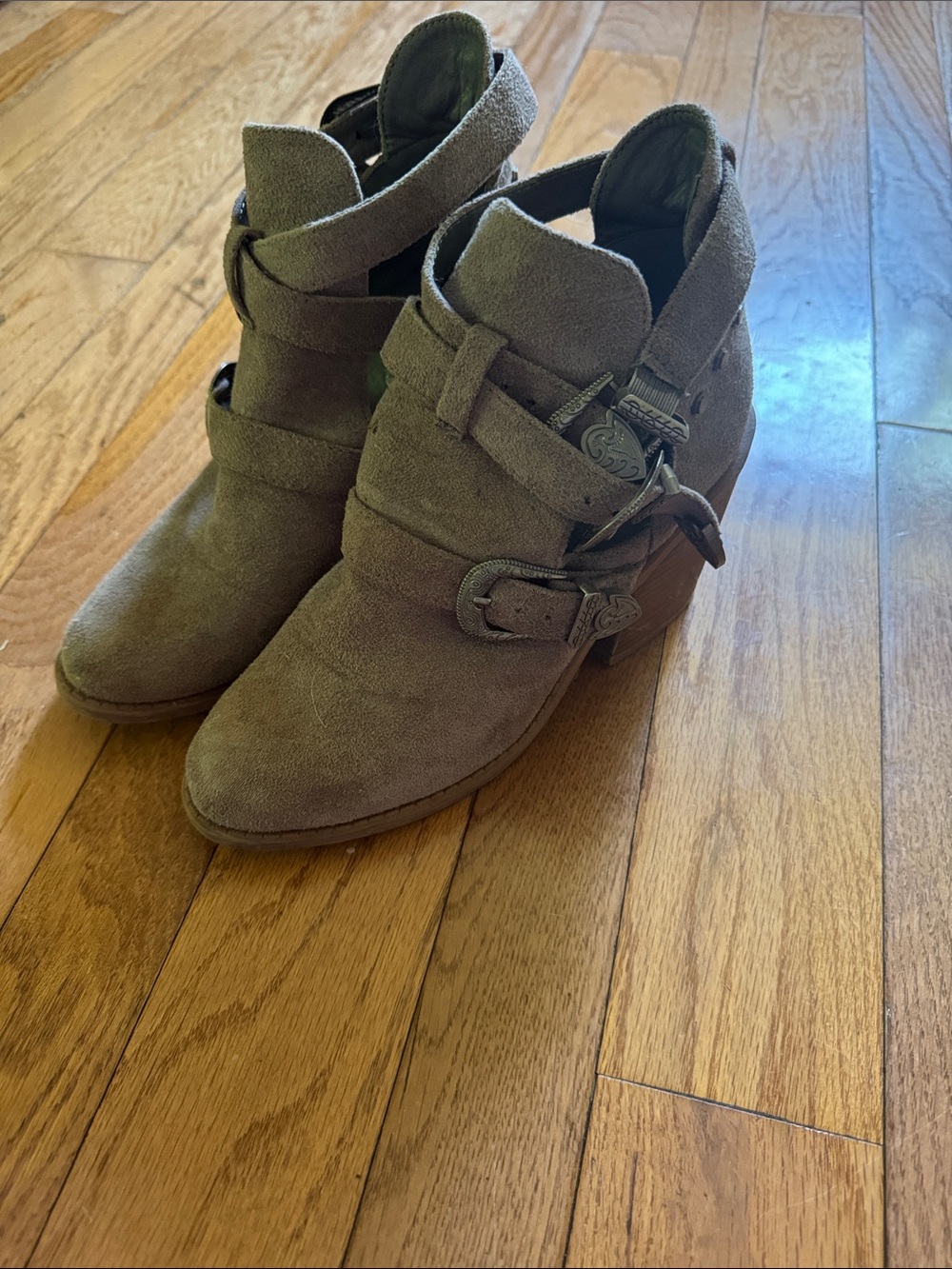 Suede Ankle Booties in Taupe with Buckle Detail